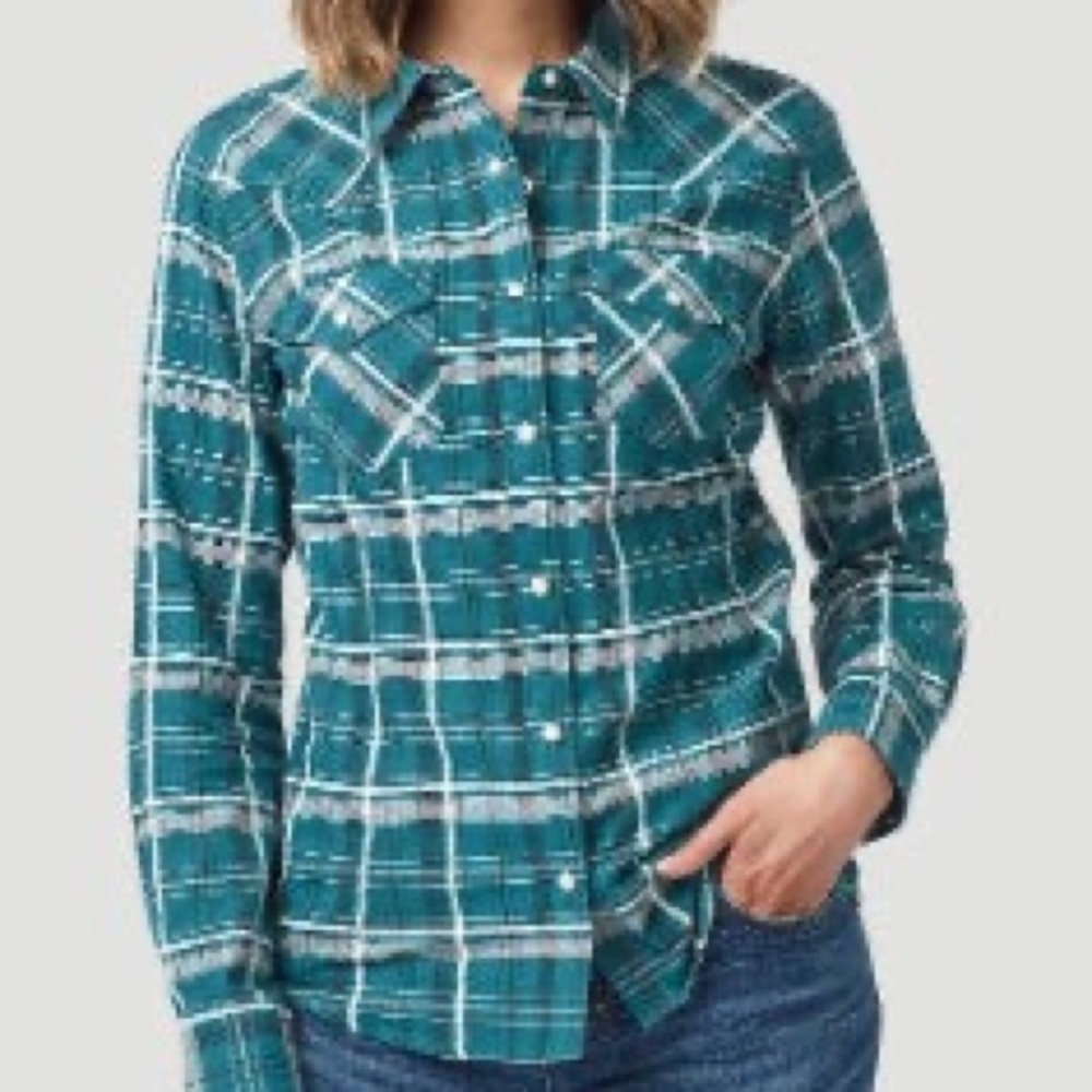 Wrangler Retro Emerald Green Plaid Pearl Snap‎ Button Down Cowgirl Western Top